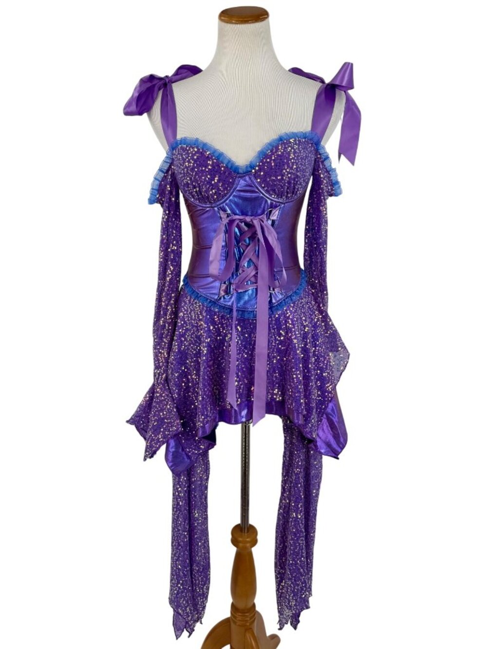 NWT Dolls Kill Purple Fairy Sequin Corset Mini Dress Wings Garters Costume Rave - Picture 3 of 16